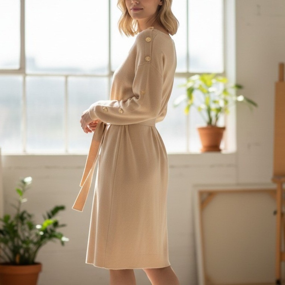 Exlura Women XL Apricot Knit Sweater Dress Gold Button Sleeve Batwing Tie Waist
